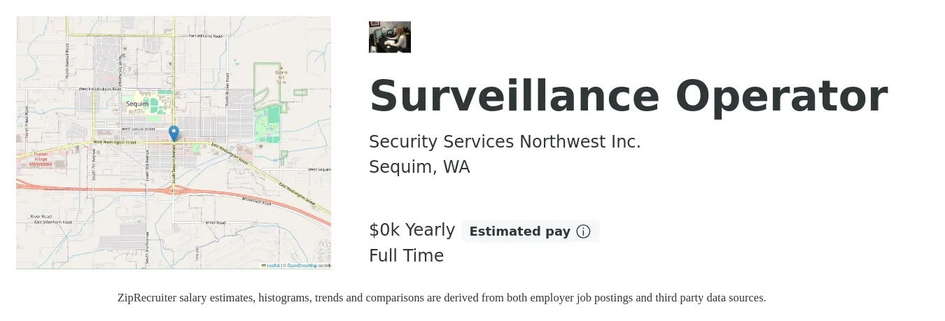 Security Services Northwest Inc job posting for a Surveillance Operator in Sequim, WA with a salary of $25 Yearly with a map of Sequim location.
