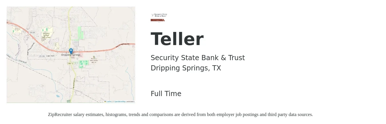 Security State Bank & Trust job posting for a Teller in Dripping Springs, TX with a salary of $17 to $21 Hourly with a map of Dripping Springs location.