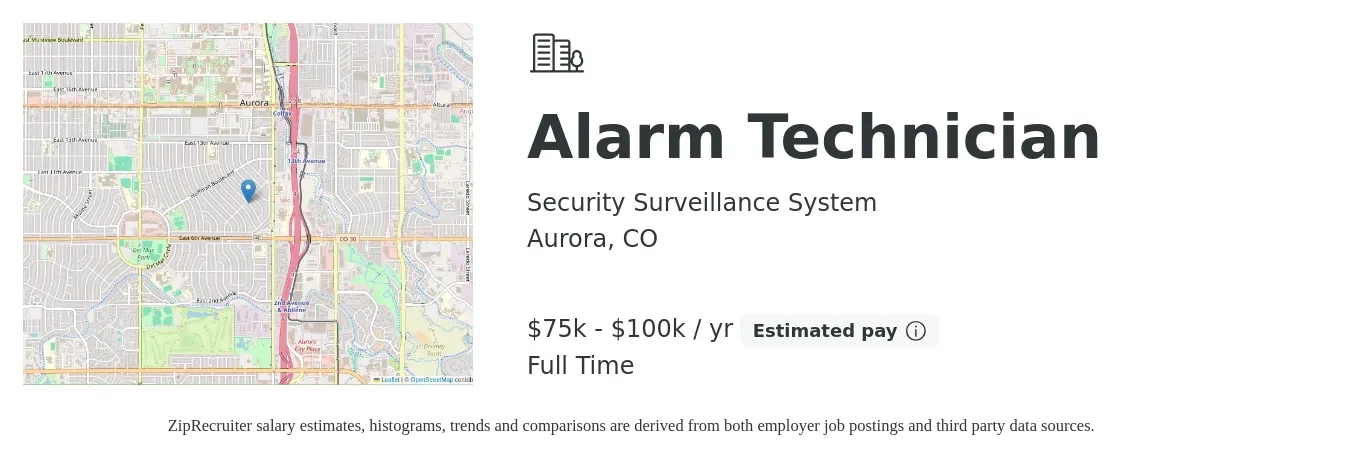 Security Surveillance System job posting for a Alarm Technician in Aurora, CO with a salary of $75,000 to $100,000 Yearly with a map of Aurora location.