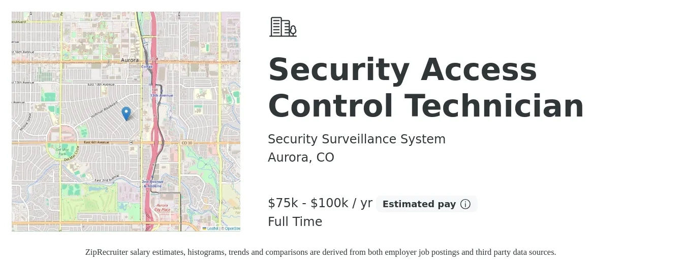 Security Surveillance System job posting for a Security Access Control Technician in Aurora, CO with a salary of $75,000 to $100,000 Yearly with a map of Aurora location.
