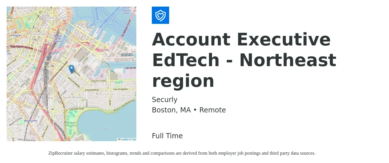Securly job posting for a Account Executive EdTech - Northeast region in Boston, MA with a salary of $58,700 to $103,200 Yearly with a map of Boston location.