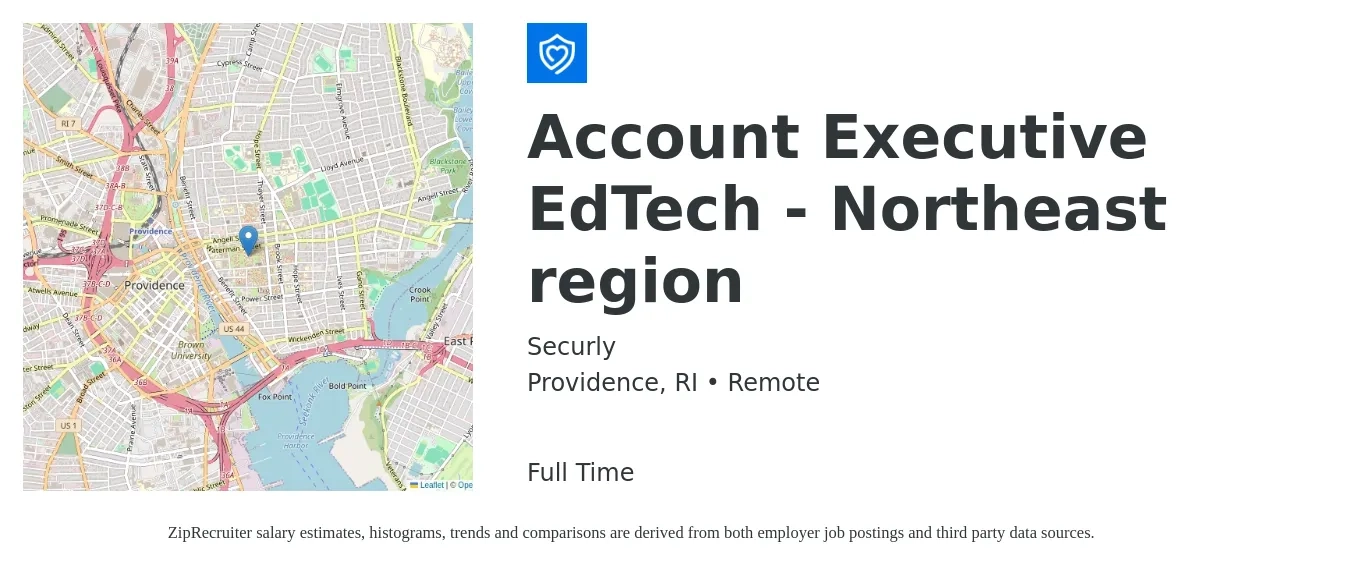 Securly job posting for a Account Executive EdTech - Northeast region in Providence, RI with a salary of $54,600 to $96,000 Yearly with a map of Providence location.
