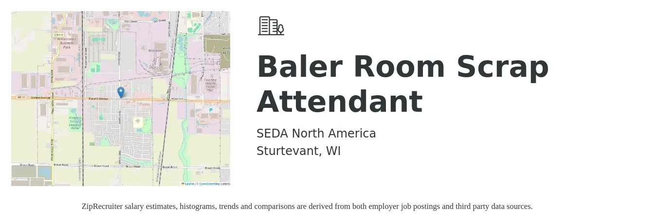 SEDA North America job posting for a Baler Room Scrap Attendant in Sturtevant, WI with a salary of $14 to $17 Hourly with a map of Sturtevant location.