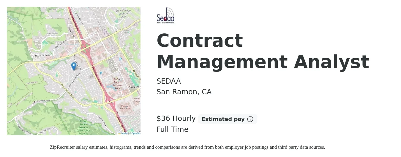 SEDAA job posting for a Contract Management Analyst in San Ramon, CA with a salary of $38 Hourly with a map of San Ramon location.