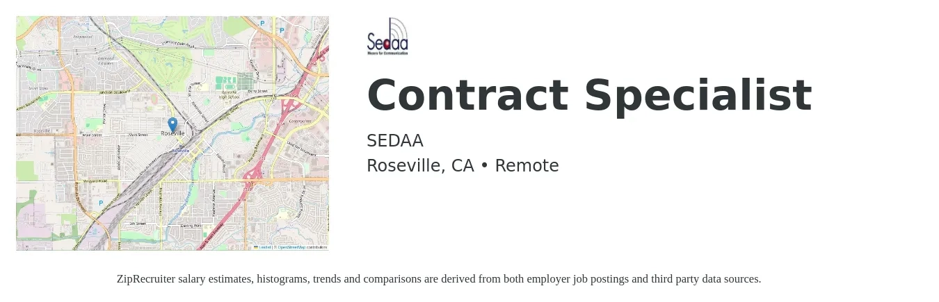 SEDAA job posting for a Contract Specialist in Roseville, CA with a salary of $59,800 to $103,300 Yearly with a map of Roseville location.