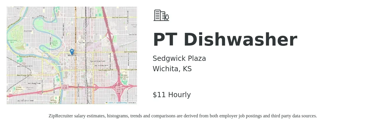 Sedgwick Plaza job posting for a PT Dishwasher in Wichita, KS with a salary of $12 Hourly with a map of Wichita location.