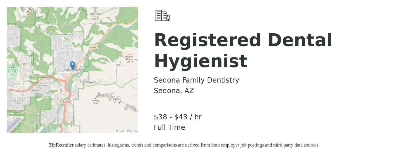 Sedona Family Dentistry job posting for a Registered Dental Hygienist in Sedona, AZ with a salary of $40 to $45 Hourly with a map of Sedona location.