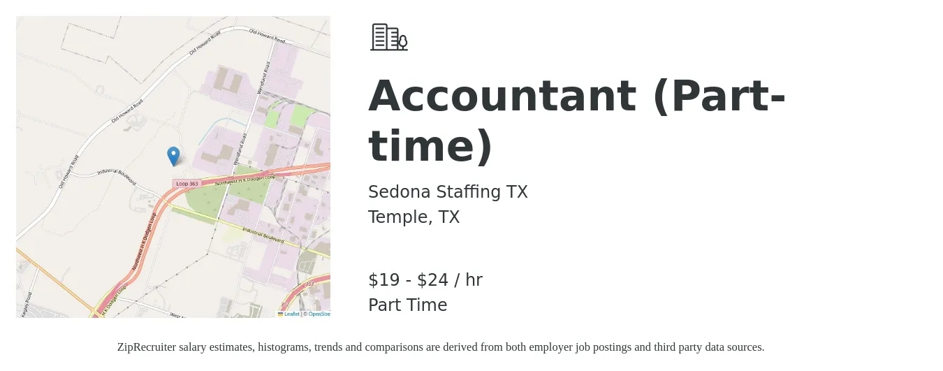 Sedona Staffing TX job posting for a Accountant (Part-time) in Temple, TX with a salary of $20 to $25 Hourly with a map of Temple location.