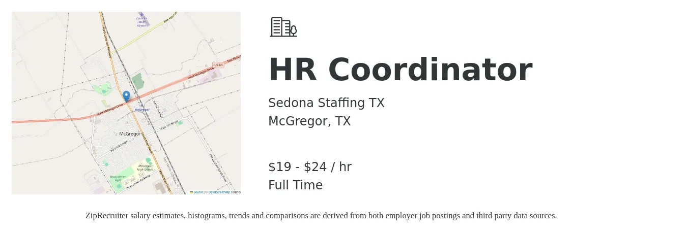 Sedona Staffing TX job posting for a HR Coordinator in McGregor, TX with a salary of $20 to $25 Hourly with a map of McGregor location.