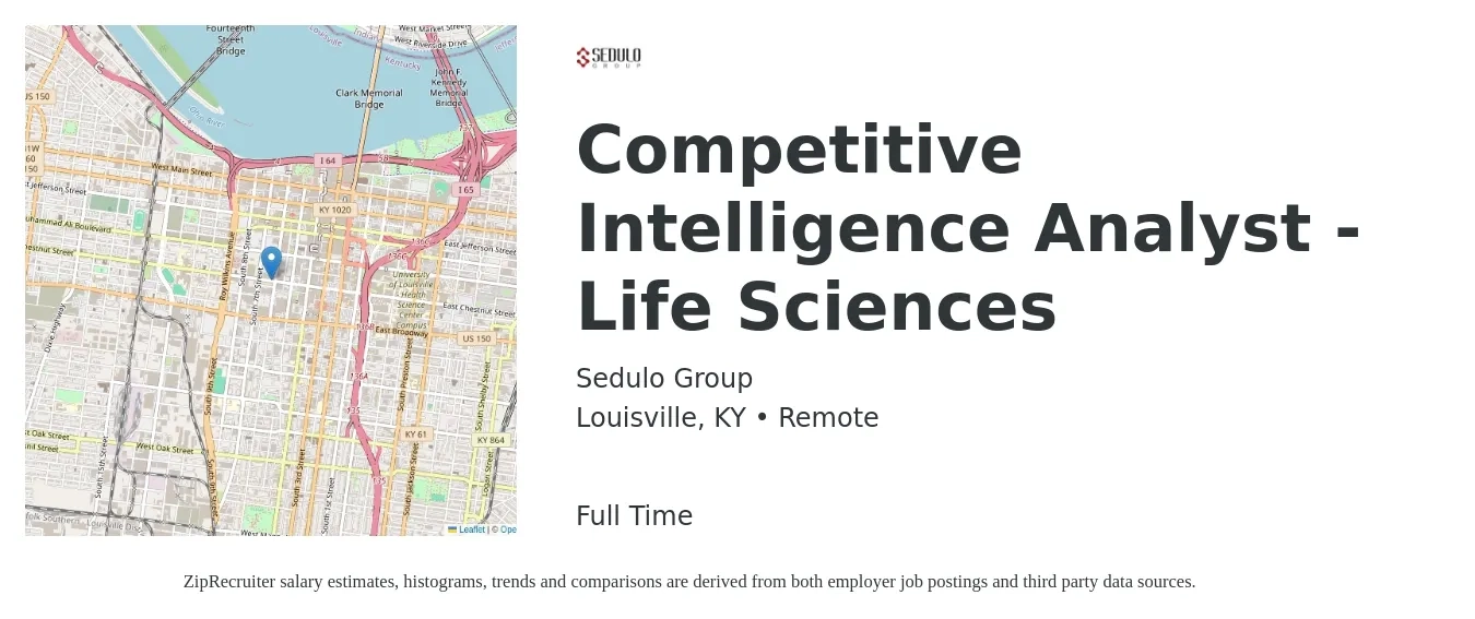 Sedulo Group job posting for a Competitive Intelligence Analyst - Life Sciences in Louisville, KY with a salary of $70,500 to $110,300 Yearly with a map of Louisville location.