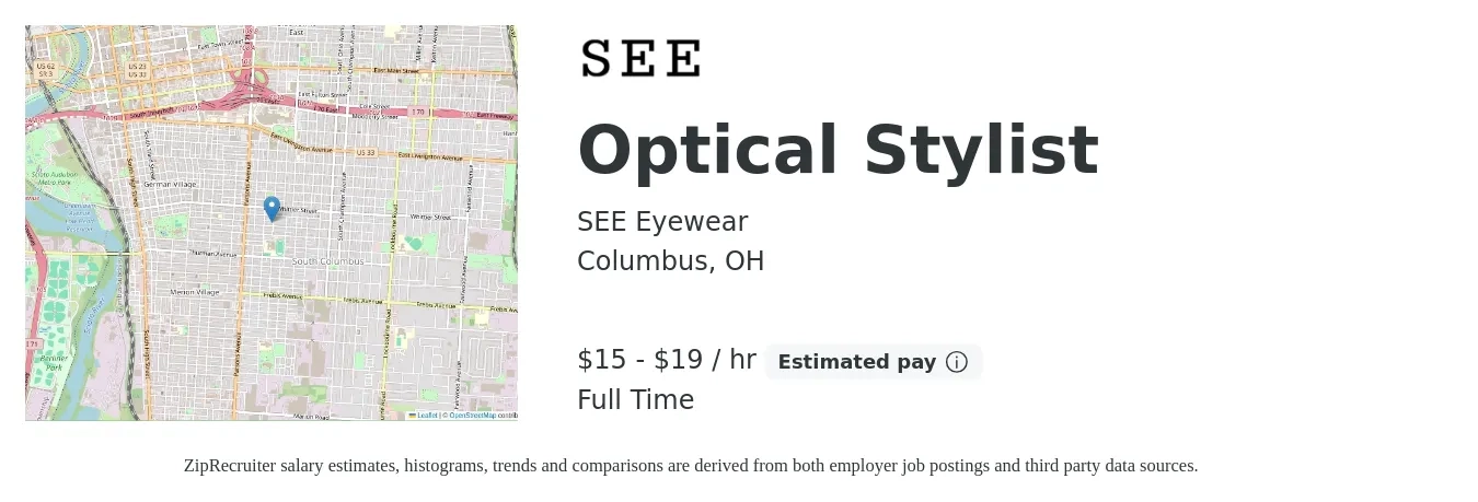SEE Eyewear job posting for a Optical Stylist in Columbus, OH with a salary of $16 to $20 Hourly with a map of Columbus location.