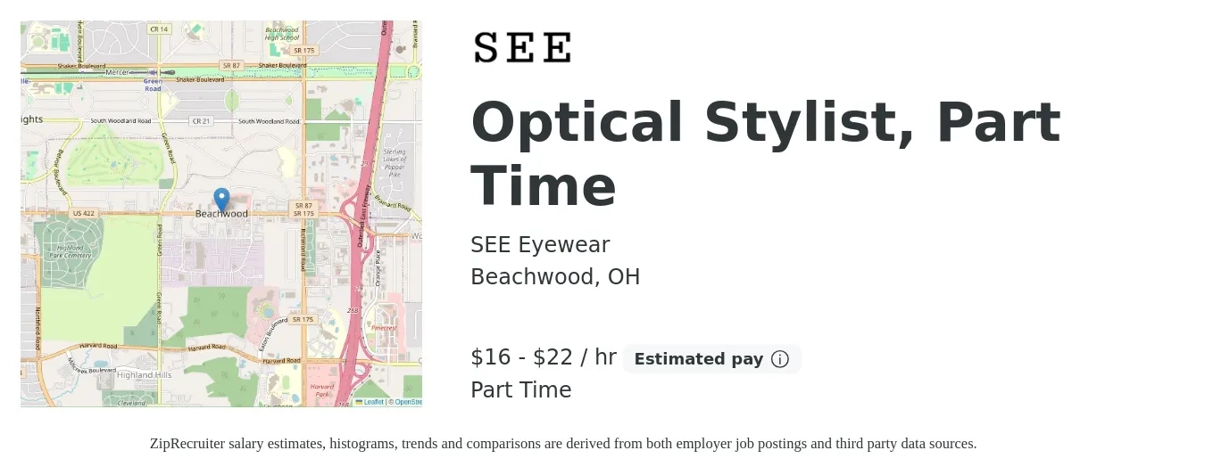 SEE Eyewear job posting for a Optical Stylist, Part Time in Beachwood, OH with a salary of $17 to $23 Hourly with a map of Beachwood location.