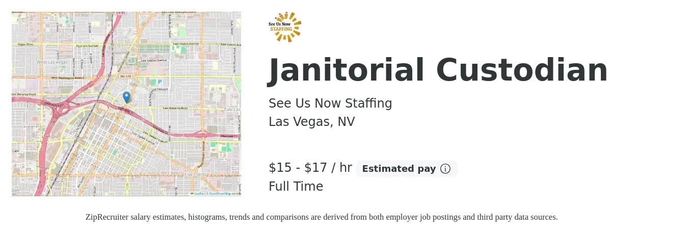 See Us Now Staffing job posting for a Janitorial Custodian in Las Vegas, NV with a salary of $16 to $18 Hourly with a map of Las Vegas location.