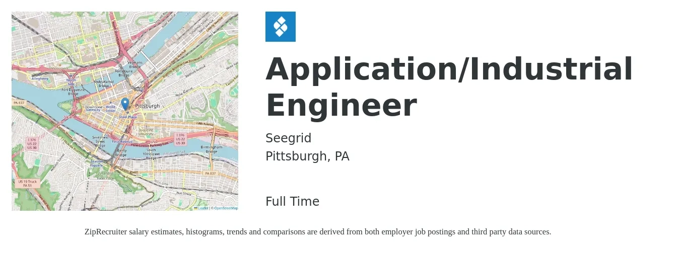 Seegrid job posting for a Application/Industrial Engineer in Pittsburgh, PA with a salary of $66,400 to $103,700 Yearly with a map of Pittsburgh location.