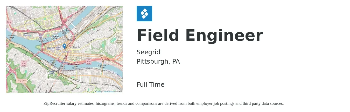 Seegrid job posting for a Field Engineer in Pittsburgh, PA with a salary of $23 to $39 Hourly with a map of Pittsburgh location.