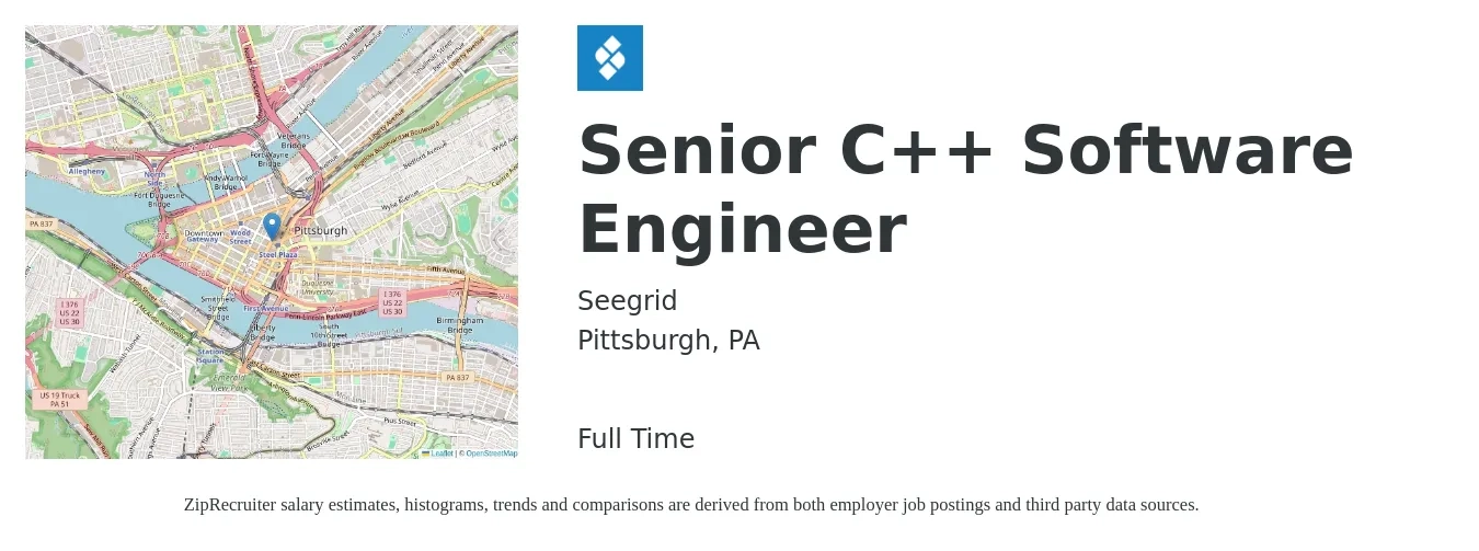 Seegrid job posting for a Senior C++ Software Engineer in Pittsburgh, PA with a salary of $110,600 to $169,200 Yearly with a map of Pittsburgh location.