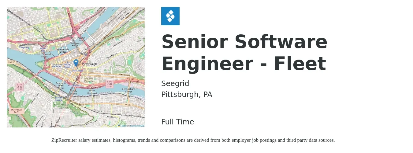 Seegrid job posting for a Senior Software Engineer - Fleet in Pittsburgh, PA with a salary of $112,900 to $148,900 Yearly with a map of Pittsburgh location.