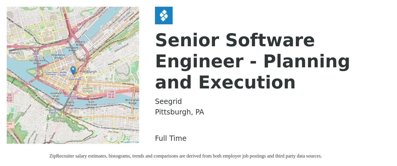 Seegrid job posting for a Senior Software Engineer - Planning and Execution in Pittsburgh, PA with a salary of $112,900 to $148,900 Yearly with a map of Pittsburgh location.