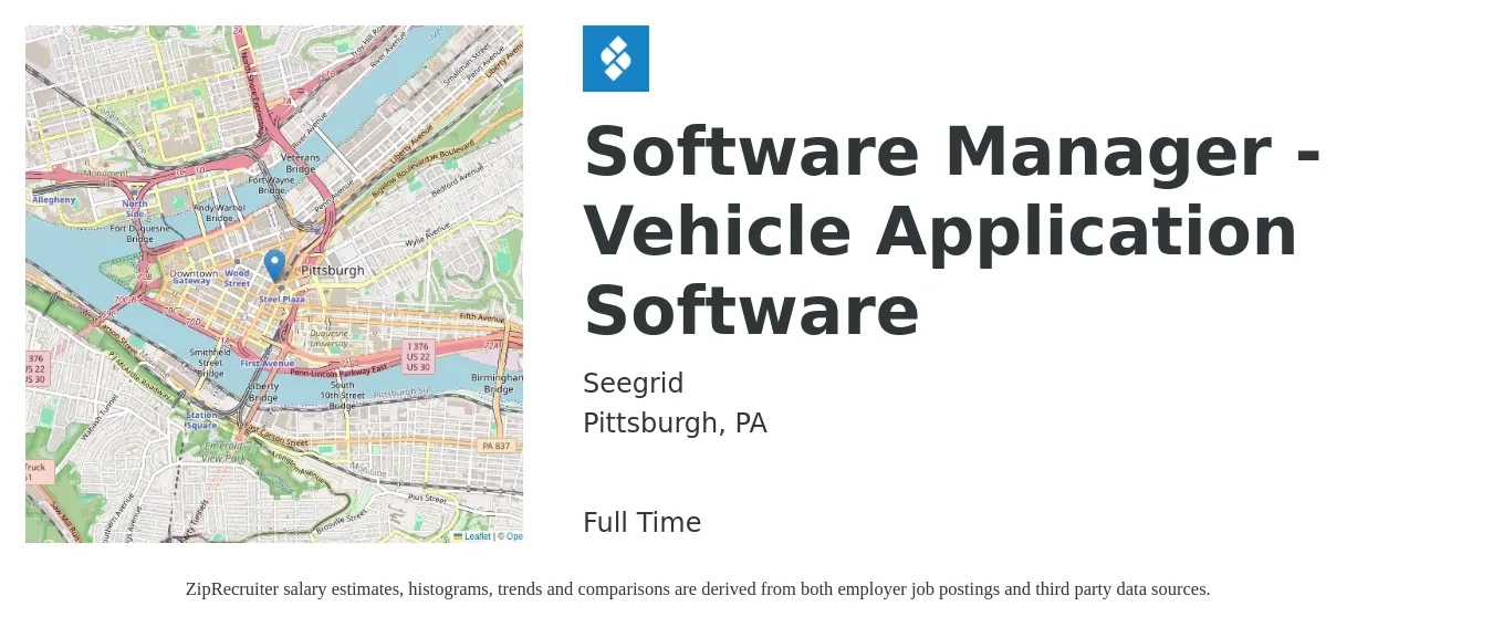 Seegrid job posting for a Software Manager - Vehicle Application Software in Pittsburgh, PA with a salary of $118,900 to $156,200 Yearly with a map of Pittsburgh location.