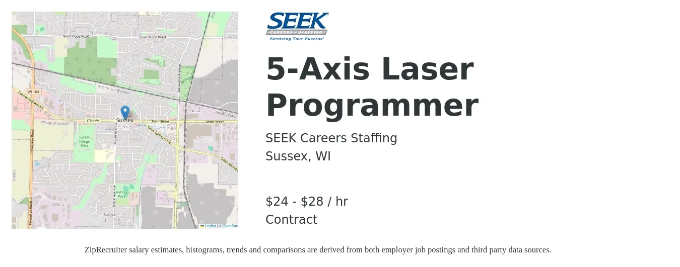 SEEK Careers Staffing job posting for a 5-Axis Laser Programmer in Sussex, WI with a salary of $25 to $30 Hourly with a map of Sussex location.