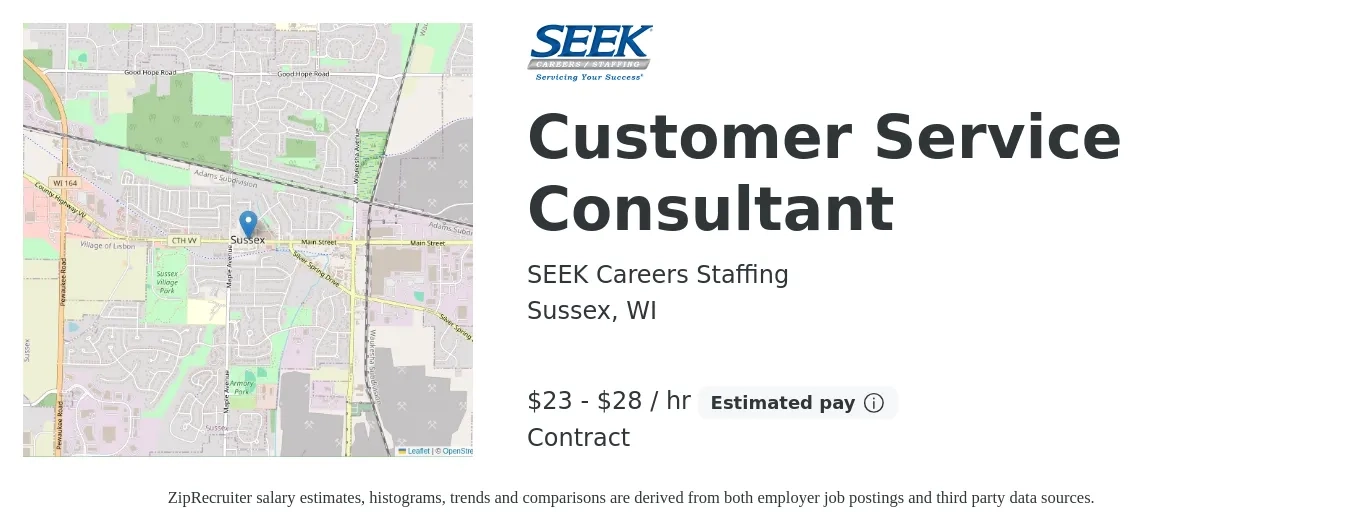 SEEK Careers Staffing job posting for a Customer Service Consultant in Sussex, WI with a salary of $24 to $30 Hourly with a map of Sussex location.