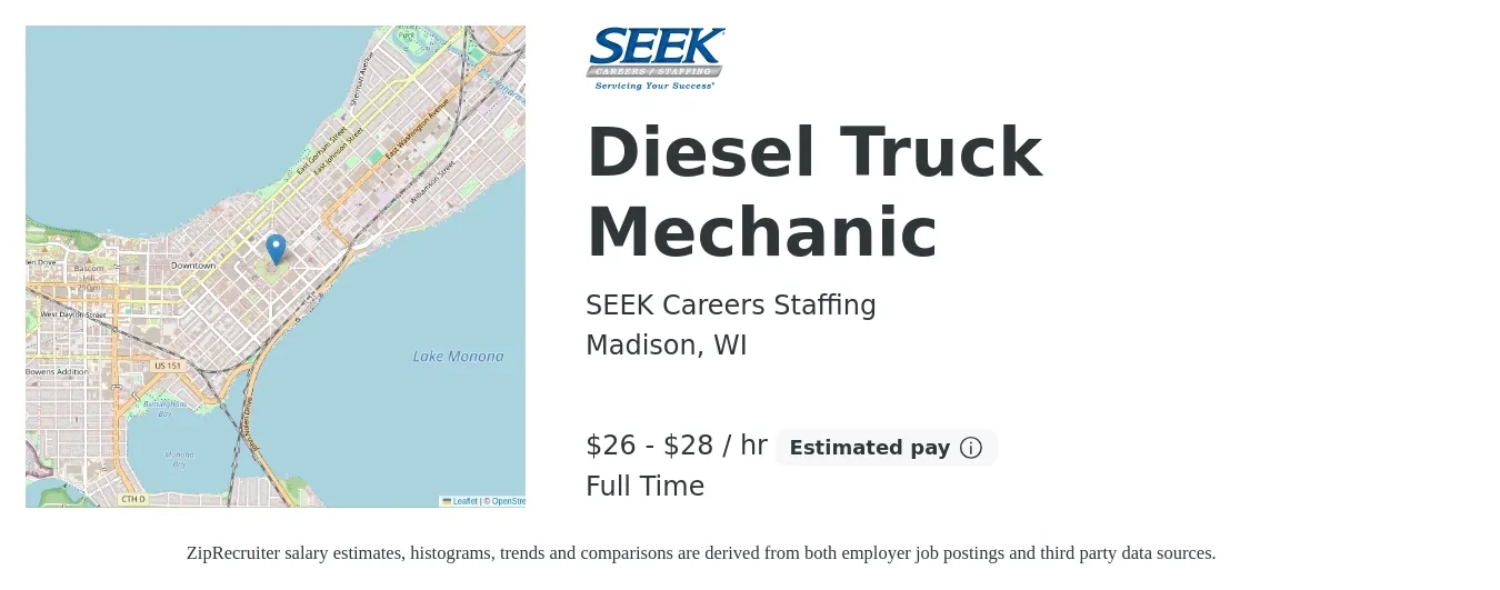 SEEK Careers Staffing job posting for a Diesel Truck Mechanic in Madison, WI with a salary of $28 to $30 Hourly with a map of Madison location.