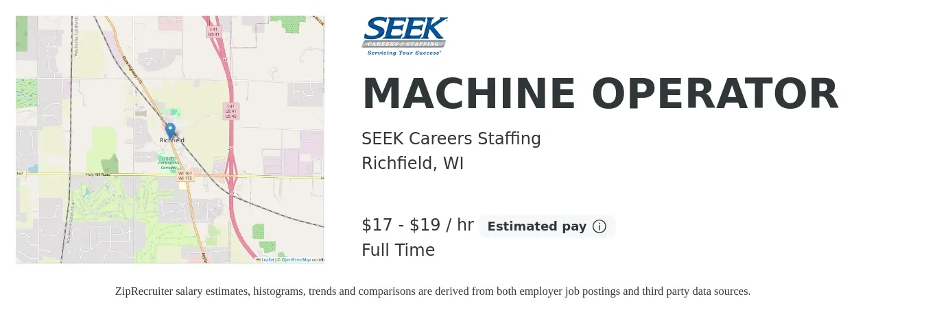 SEEK Careers Staffing job posting for a Machine Operator in Richfield, WI with a salary of $18 to $20 Hourly with a map of Richfield location.
