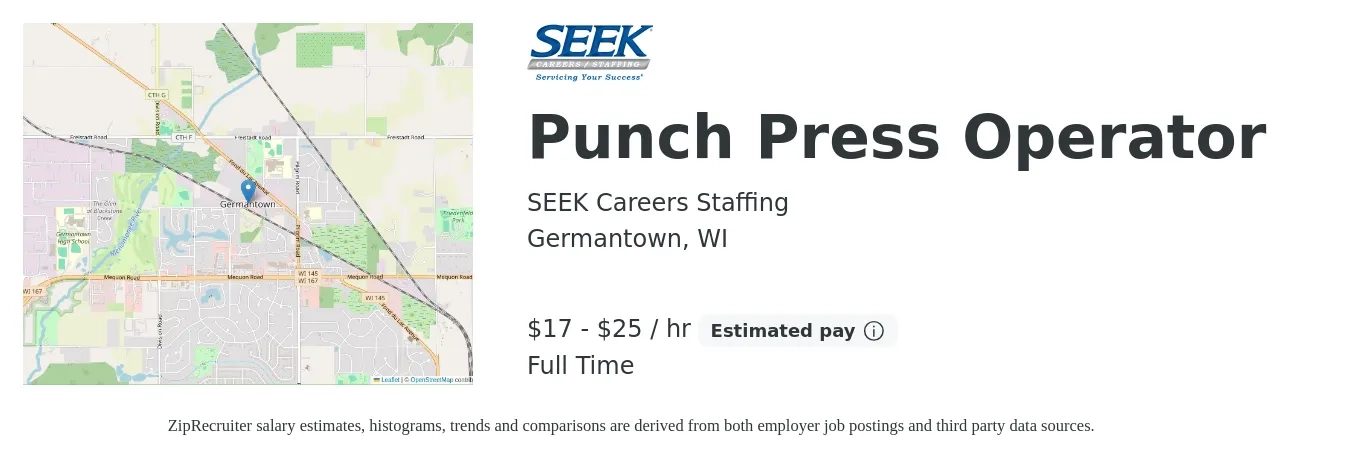 SEEK Careers Staffing job posting for a Punch Press Operator in Germantown, WI with a salary of $18 to $26 Hourly with a map of Germantown location.