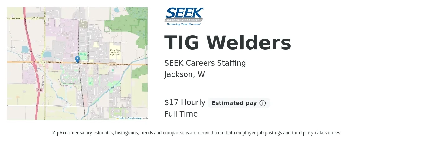 SEEK Careers Staffing job posting for a TIG Welders in Jackson, WI with a salary of $18 Hourly with a map of Jackson location.