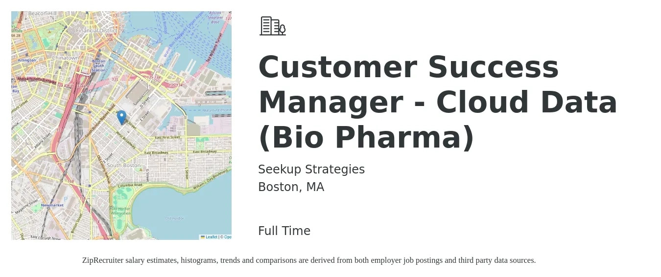Seekup Strategies job posting for a Customer Success Manager - Cloud Data (Bio Pharma) in Boston, MA with a salary of $64,800 to $107,800 Yearly with a map of Boston location.