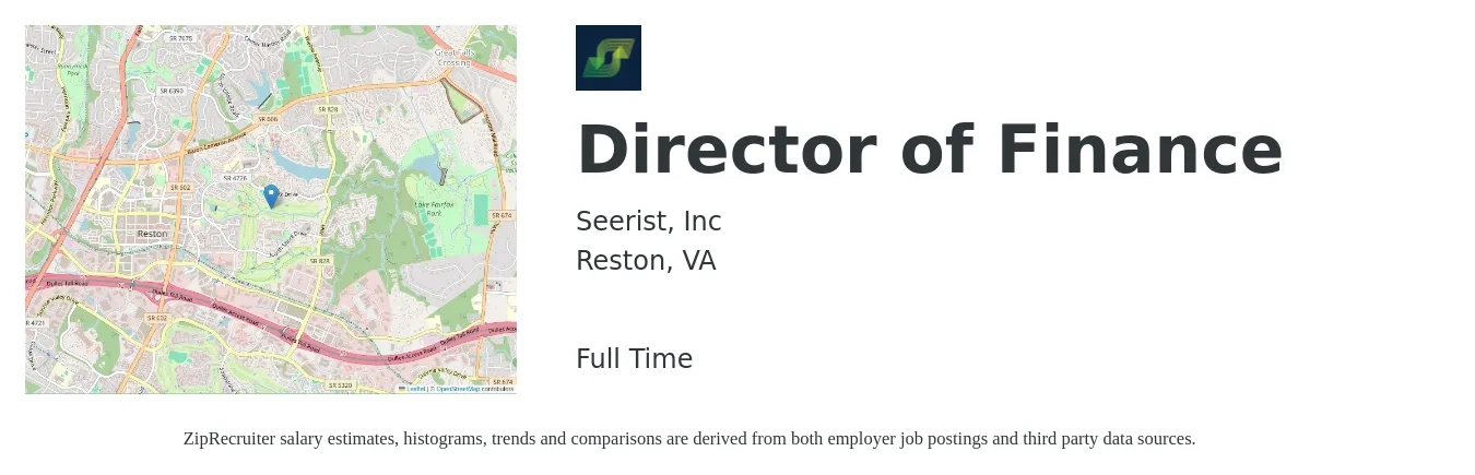 Seerist, Inc job posting for a Director of Finance in Reston, VA with a salary of $106,200 to $161,700 Yearly with a map of Reston location.