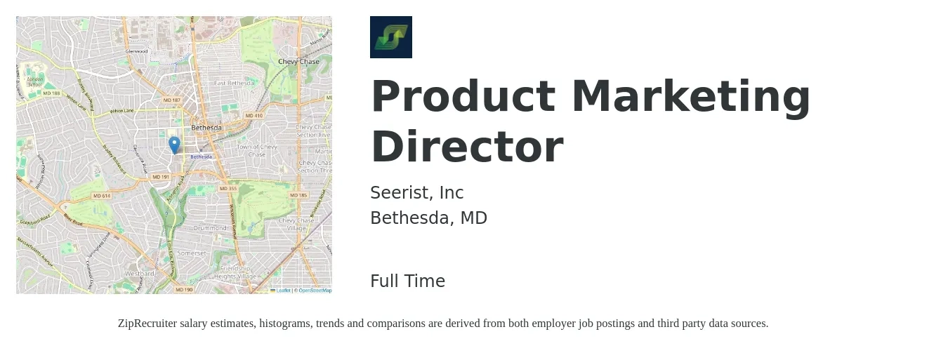 Seerist, Inc job posting for a Product Marketing Director in Bethesda, MD with a salary of $160,600 to $239,100 Yearly with a map of Bethesda location.