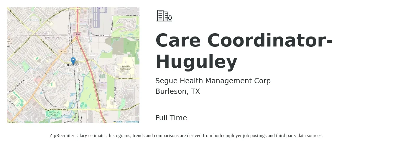 Segue Health Management Corp job posting for a Care Coordinator-Huguley in Burleson, TX with a salary of $35,000 to $45,000 Yearly with a map of Burleson location.