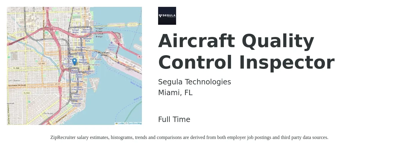 Segula Technologies job posting for a Aircraft Quality Control Inspector in Miami, FL with a salary of $18 to $31 Hourly with a map of Miami location.