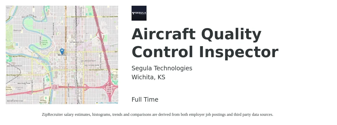 Segula Technologies job posting for a Aircraft Quality Control Inspector in Wichita, KS with a salary of $17 to $29 Hourly with a map of Wichita location.