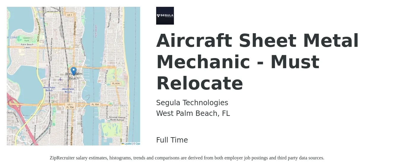 Segula Technologies job posting for a Aircraft Sheet Metal Mechanic - Must Relocate in West Palm Beach, FL with a salary of $26 to $33 Hourly with a map of West Palm Beach location.