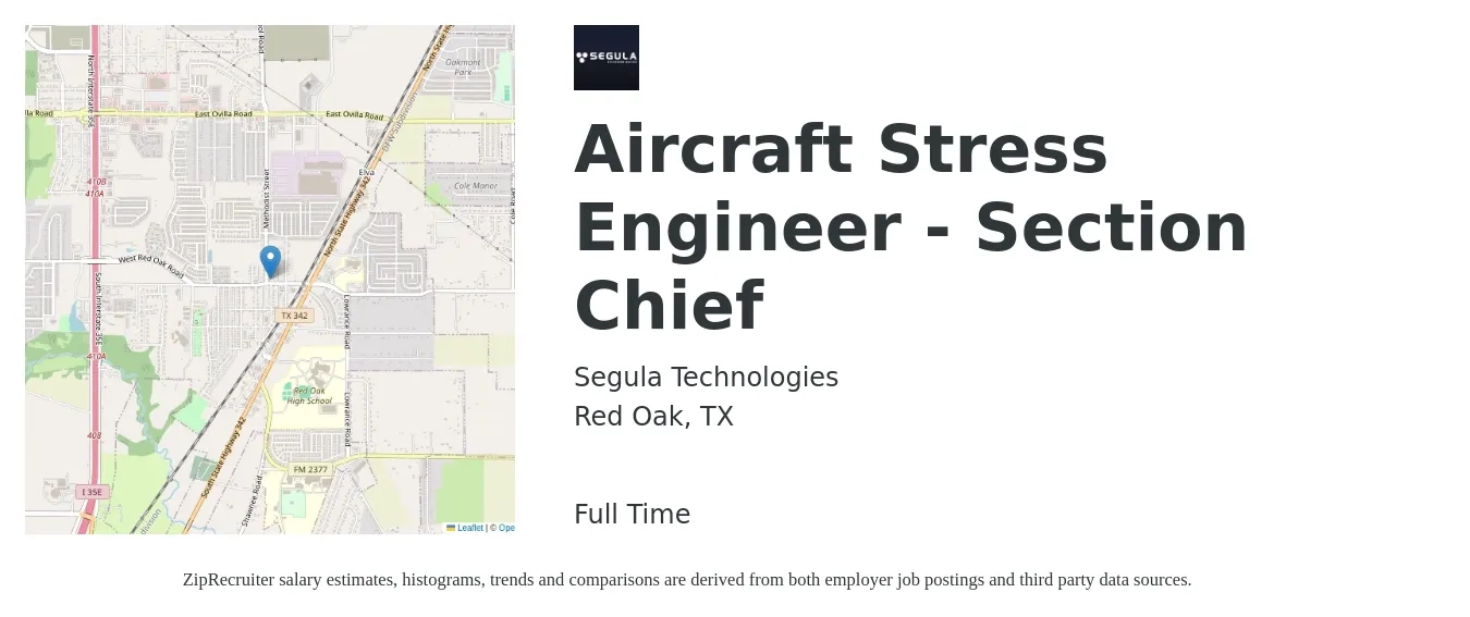 Segula Technologies job posting for a Aircraft Stress Engineer - Section Chief in Red Oak, TX with a salary of $58 to $80 Hourly with a map of Red Oak location.