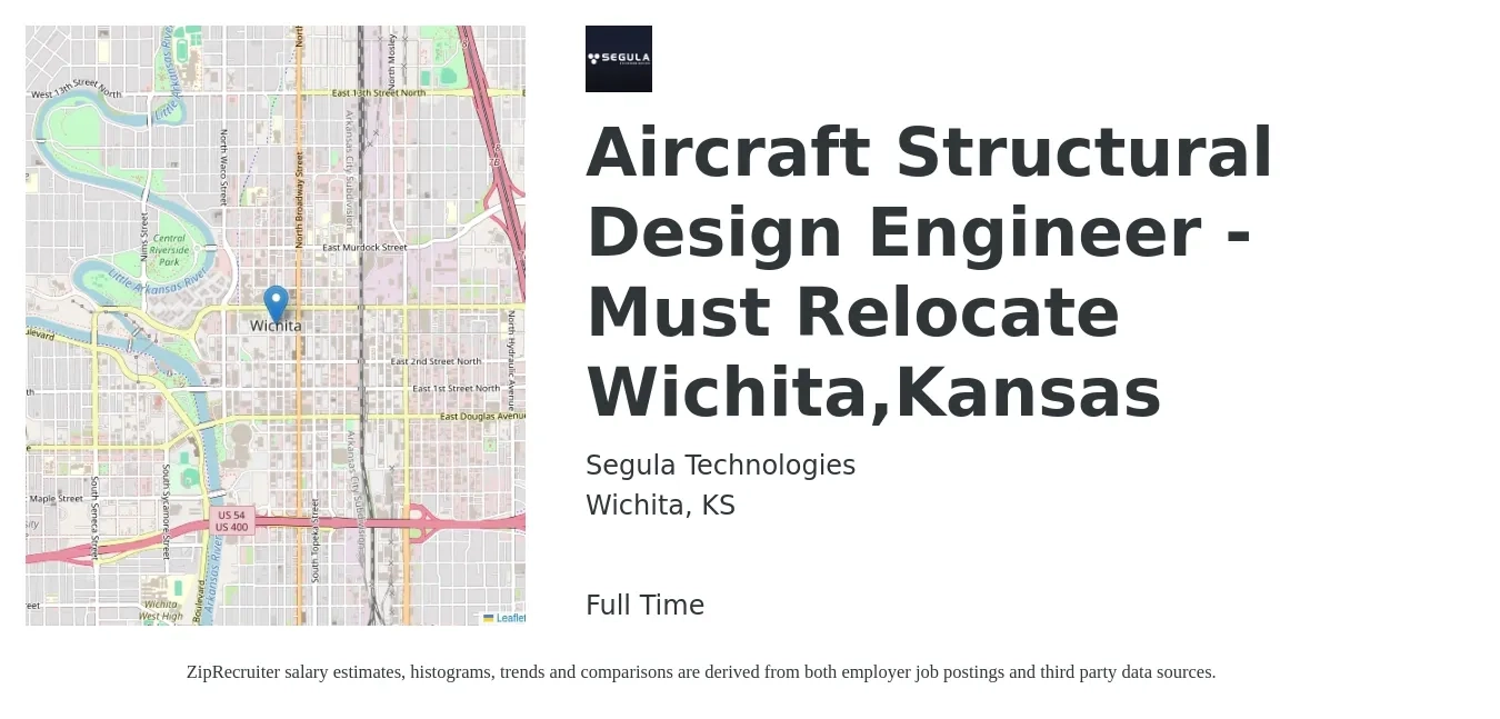 Segula Technologies job posting for a Aircraft Structural Design Engineer - Must Relocate Wichita,Kansas in Wichita, KS with a salary of $72,500 to $109,600 Yearly with a map of Wichita location.