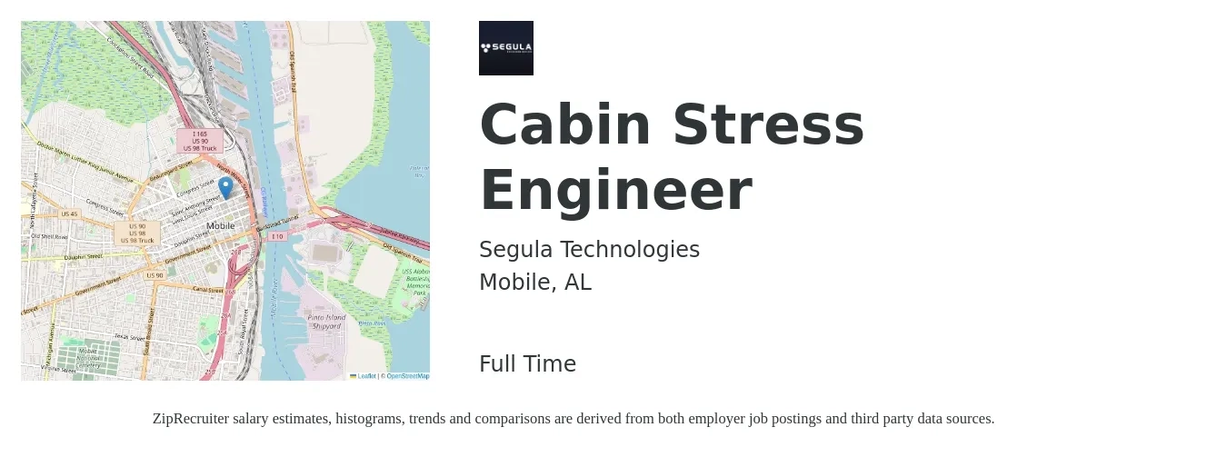 Segula Technologies job posting for a Cabin Stress Engineer in Mobile, AL with a salary of $58 to $80 Hourly with a map of Mobile location.