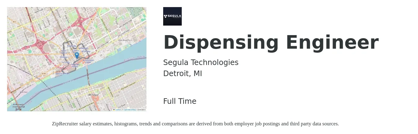 Segula Technologies job posting for a Dispensing Engineer in Detroit, MI with a salary of $35,100 to $106,900 Yearly with a map of Detroit location.