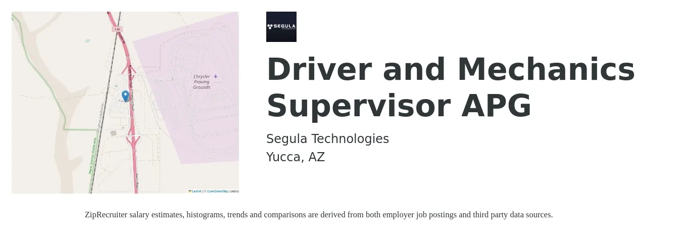 Segula Technologies job posting for a Driver and Mechanics Supervisor APG in Yucca, AZ with a salary of $36,600 to $80,600 Yearly with a map of Yucca location.