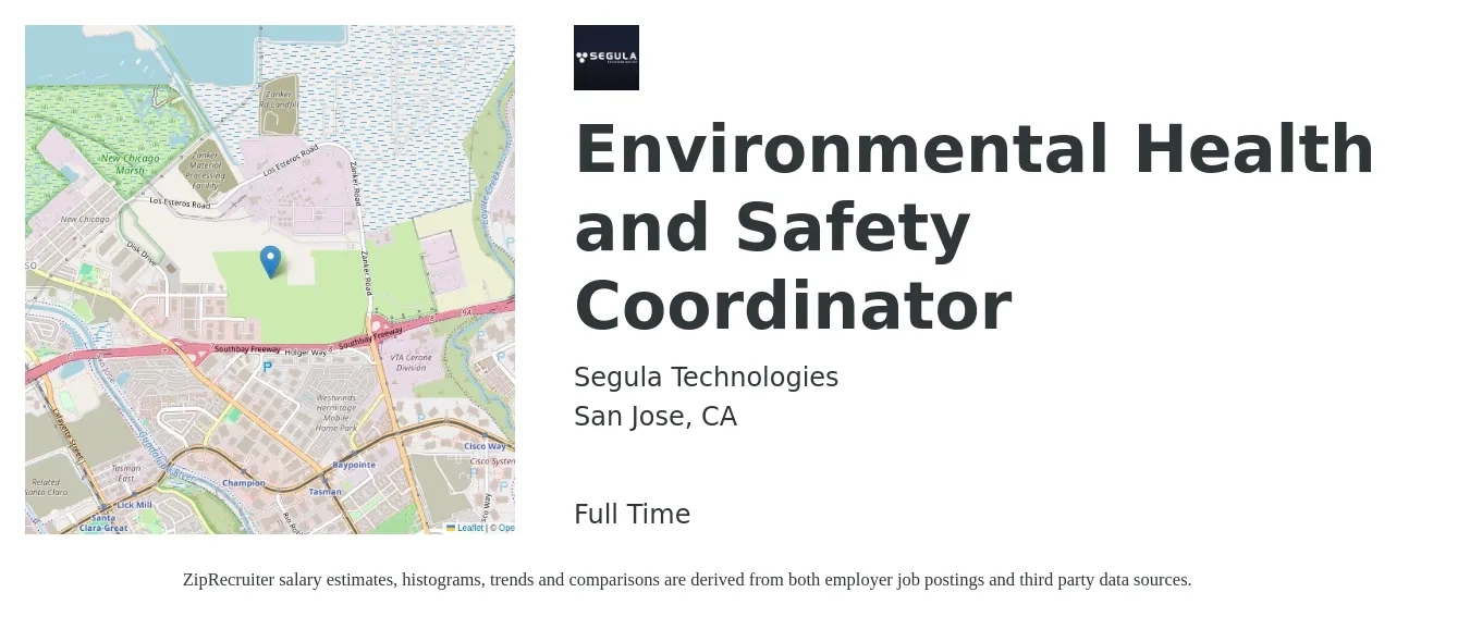 Segula Technologies job posting for a Environmental Health and Safety Coordinator in San Jose, CA with a salary of $31 to $43 Hourly with a map of San Jose location.