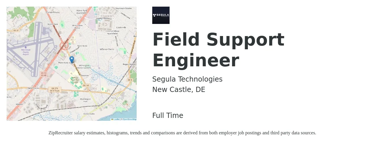 Segula Technologies job posting for a Field Support Engineer in New Castle, DE with a salary of $21 to $37 Hourly with a map of New Castle location.