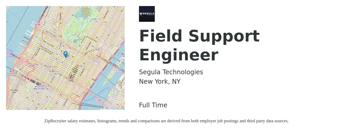 Segula Technologies job posting for a Field Support Engineer in New York, NY with a salary of $24 to $42 Hourly with a map of New York location.