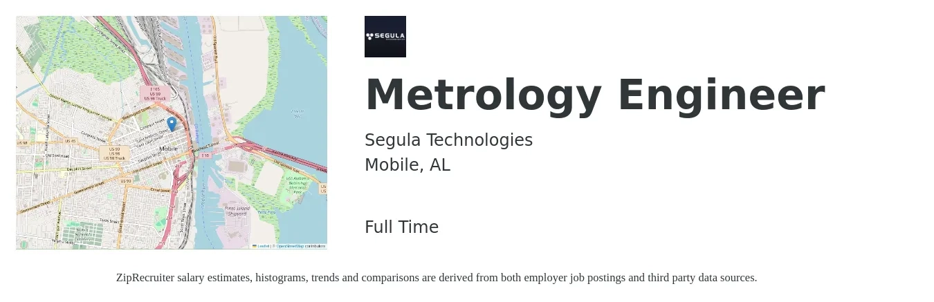 Segula Technologies job posting for a Metrology Engineer in Mobile, AL with a salary of $45 to $60 Hourly with a map of Mobile location.