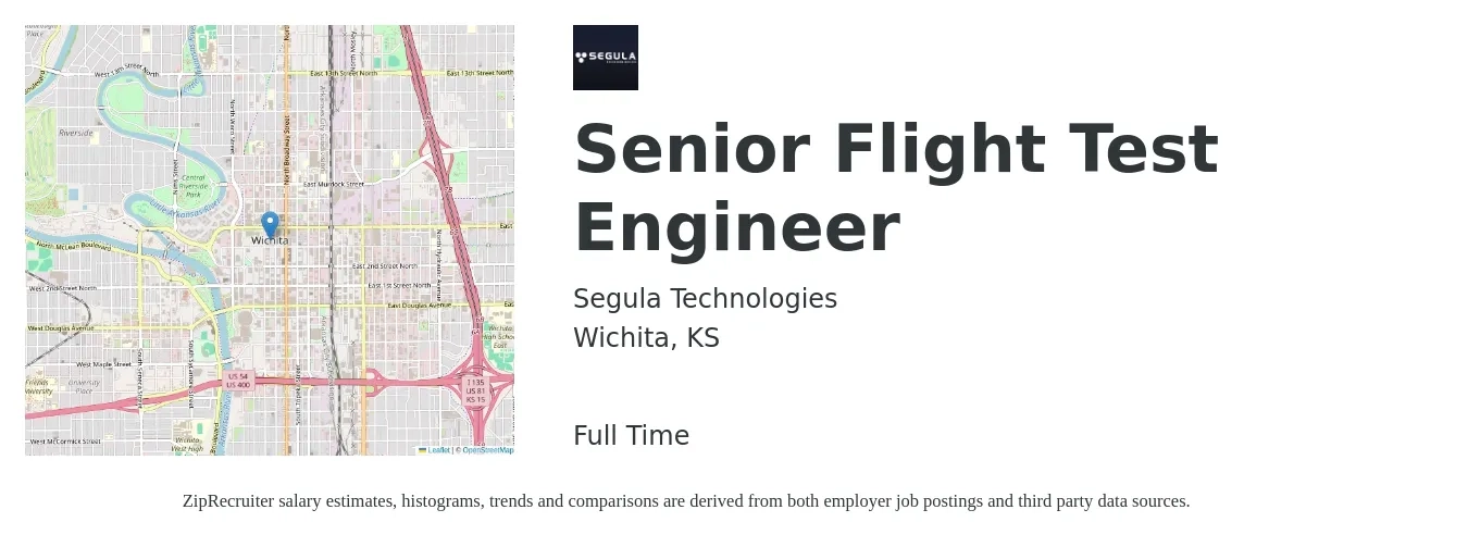 Segula Technologies job posting for a Senior Flight Test Engineer in Wichita, KS with a salary of $94,400 to $143,100 Yearly with a map of Wichita location.