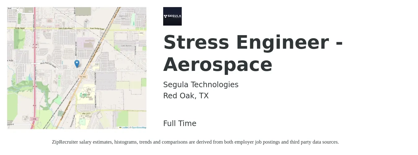 Segula Technologies job posting for a Stress Engineer - Aerospace in Red Oak, TX with a salary of $79,200 to $135,600 Yearly with a map of Red Oak location.
