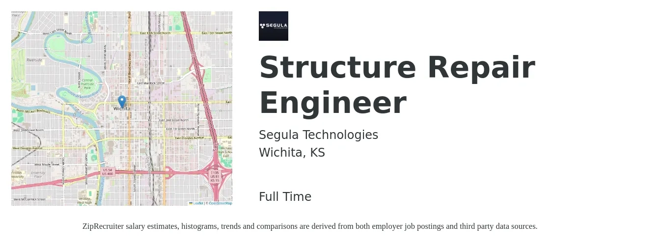 Segula Technologies job posting for a Structure Repair Engineer in Wichita, KS with a salary of $68,900 to $105,100 Yearly with a map of Wichita location.