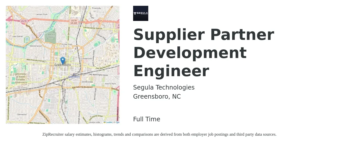 Segula Technologies job posting for a Supplier Partner Development Engineer in Greensboro, NC with a salary of $77,500 to $100,800 Yearly with a map of Greensboro location.