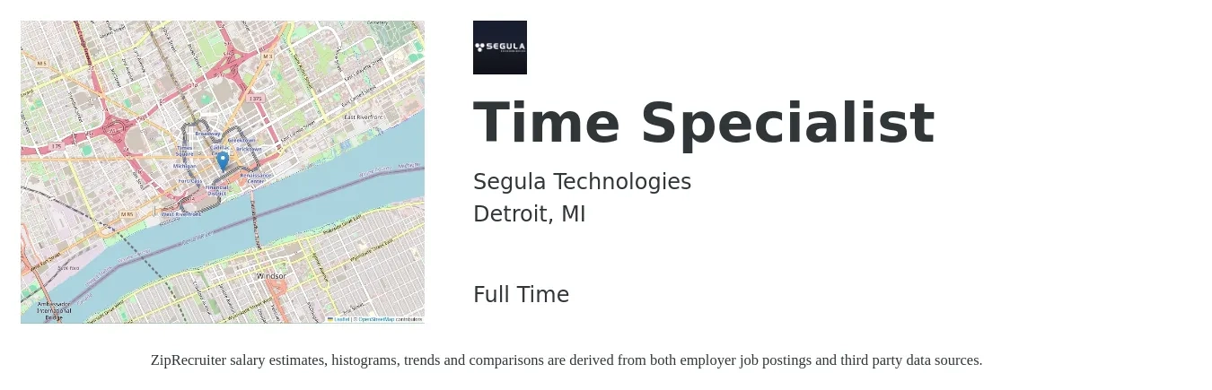 Segula Technologies job posting for a Time Specialist in Detroit, MI with a salary of $18 to $43 Hourly with a map of Detroit location.
